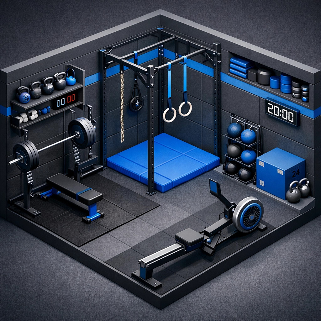 Organized home gym layout showing strength, gymnastics, and conditioning zones for full body workouts.