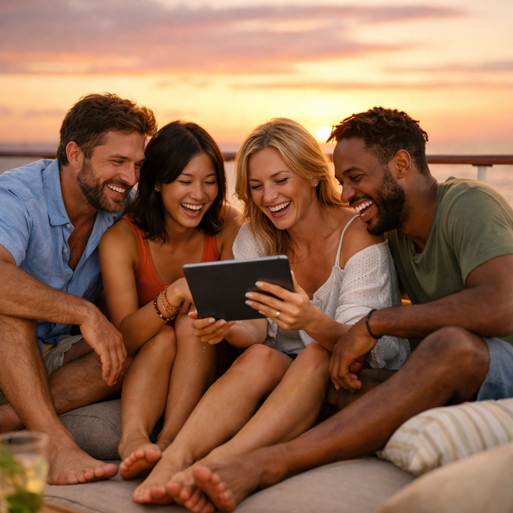 Divers relaxing on a ship sun deck at sunset, highlighting the social community of a liveaboard trip.