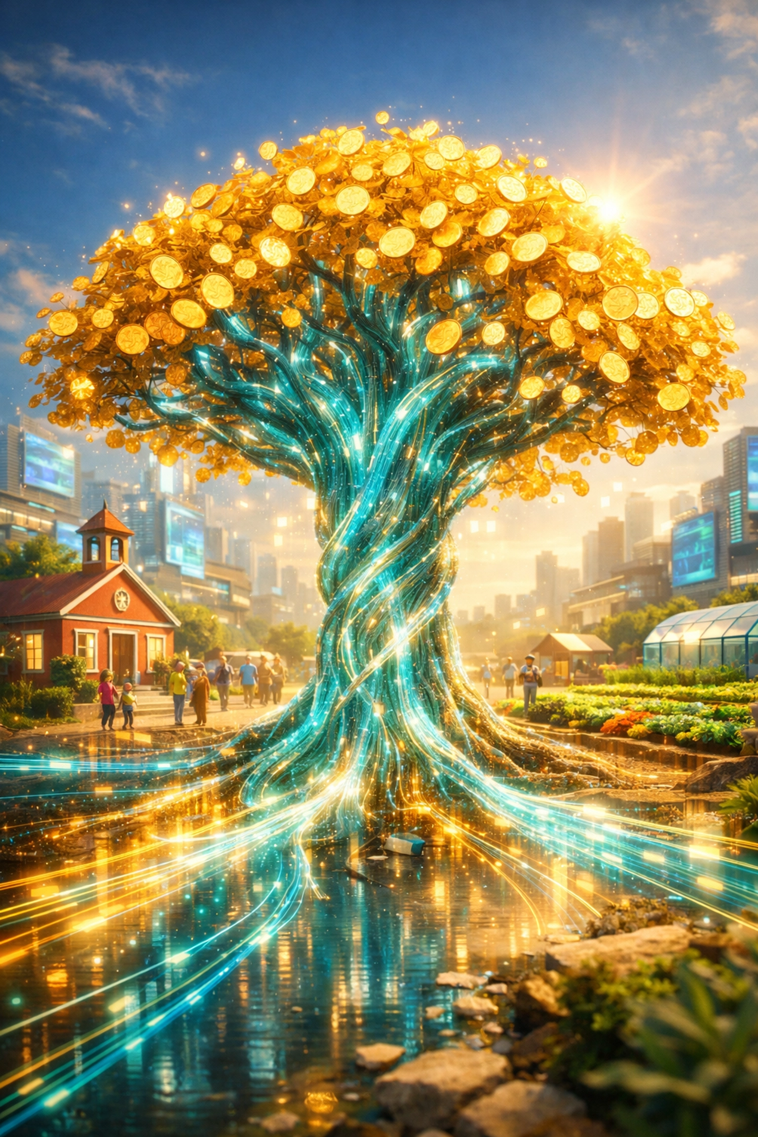 Digital tree with golden coins representing Larecoin’s social impact tax funding schools and farms.