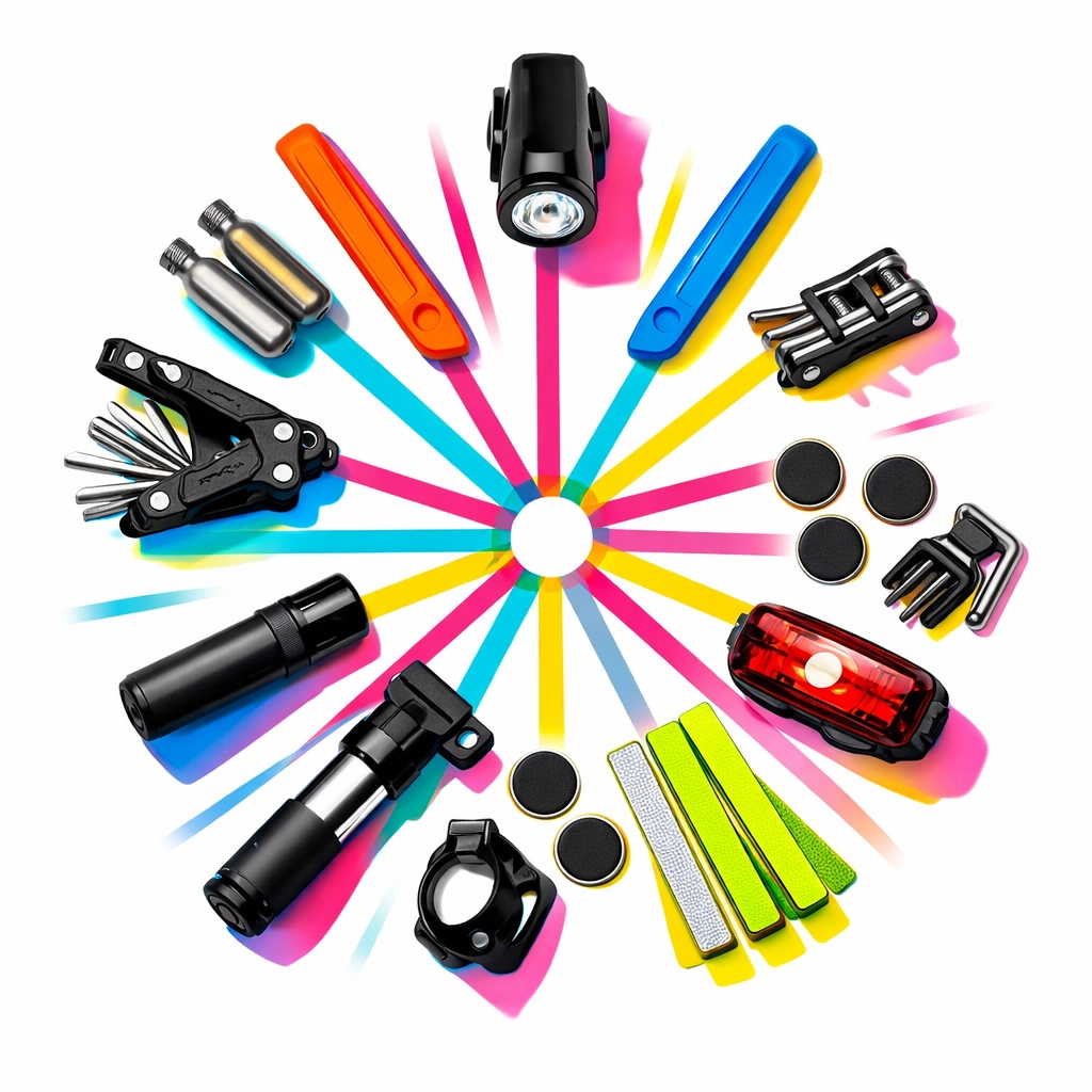 Cycling accessories including bike lights, tools, and maintenance equipment