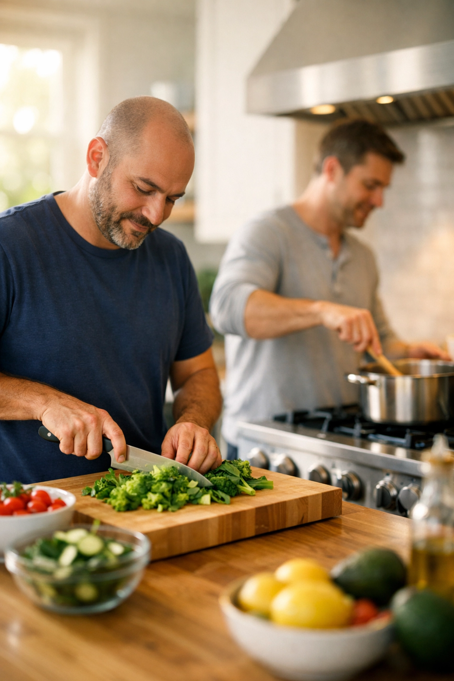 Men in recovery working together in a kitchen, building life skills for independent living.