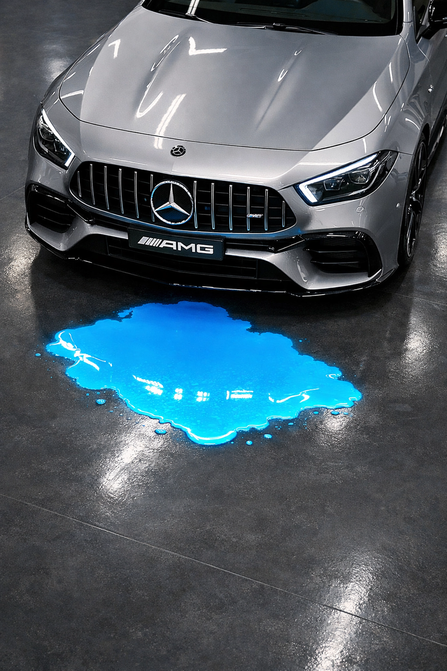 Silver Mercedes-Benz with a coolant leak on the garage floor needing professional service in Los Angeles.