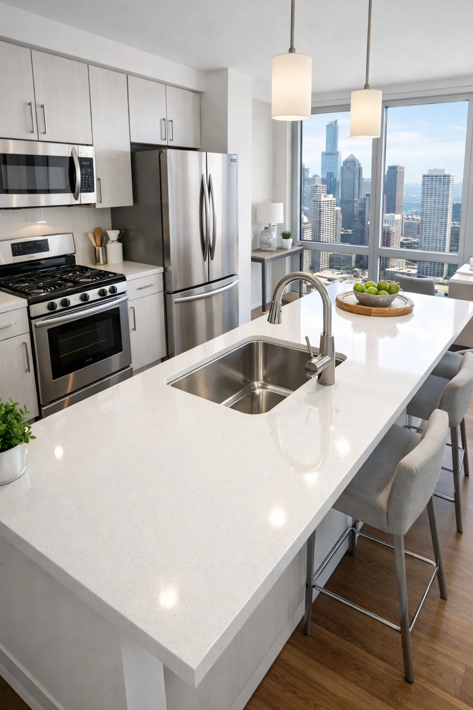 Modern apartment kitchen in Chicago with stainless steel appliances after a professional move-out clean.