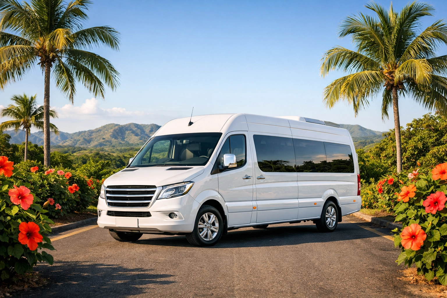 Authorized Liberia airport shuttle van parked on a scenic palm-lined road in Costa Rica.