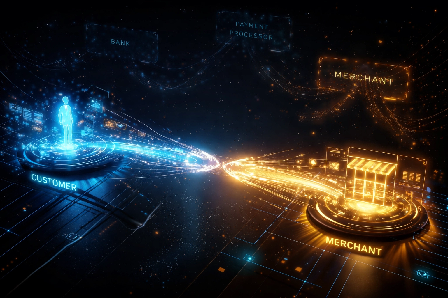 Blockchain transaction flow illustrating direct customer-to-merchant payments with eliminated middlemen and NFT receipts for secure crypto transactions.