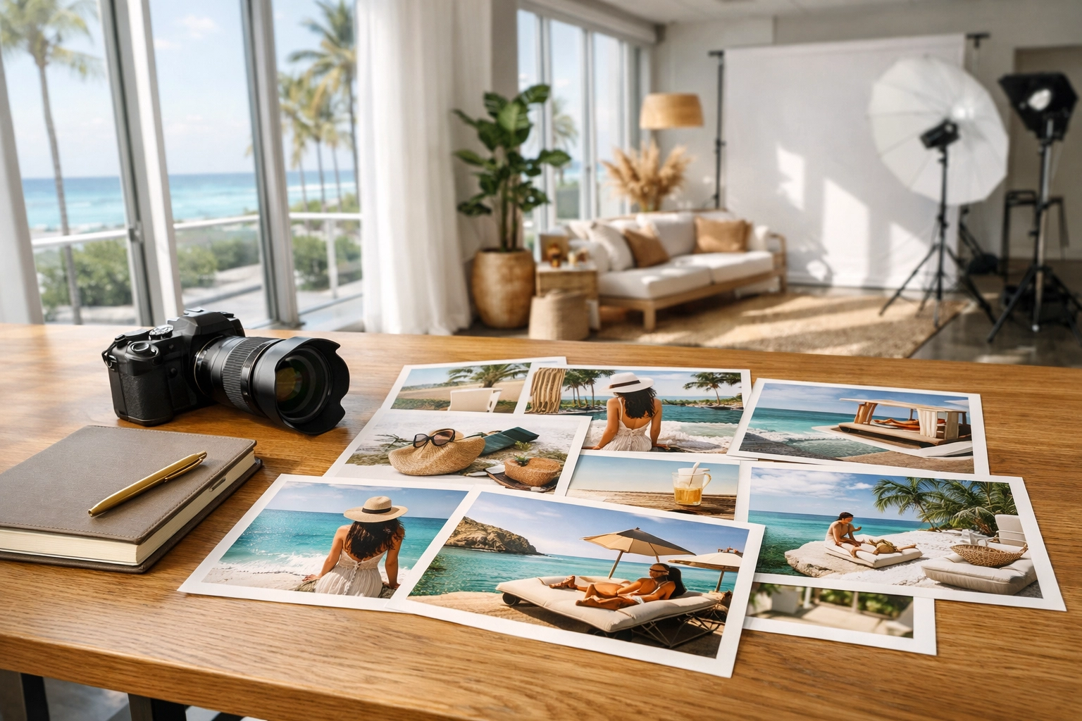 Professional brand photography workspace in a Miami studio with a high-end camera and marketing prints.