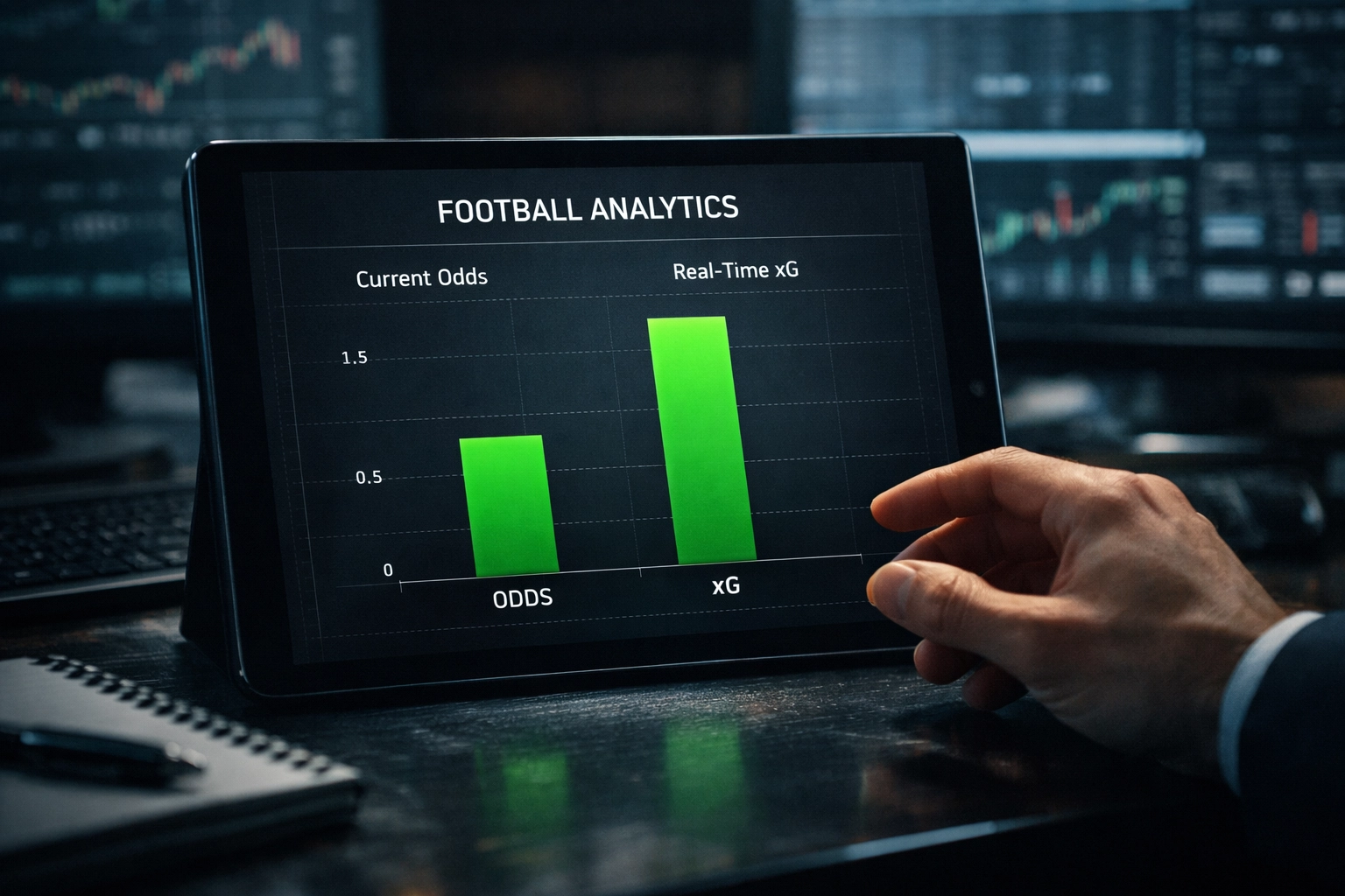 Professional trader comparing current betting odds against real-time xG data on a tablet.