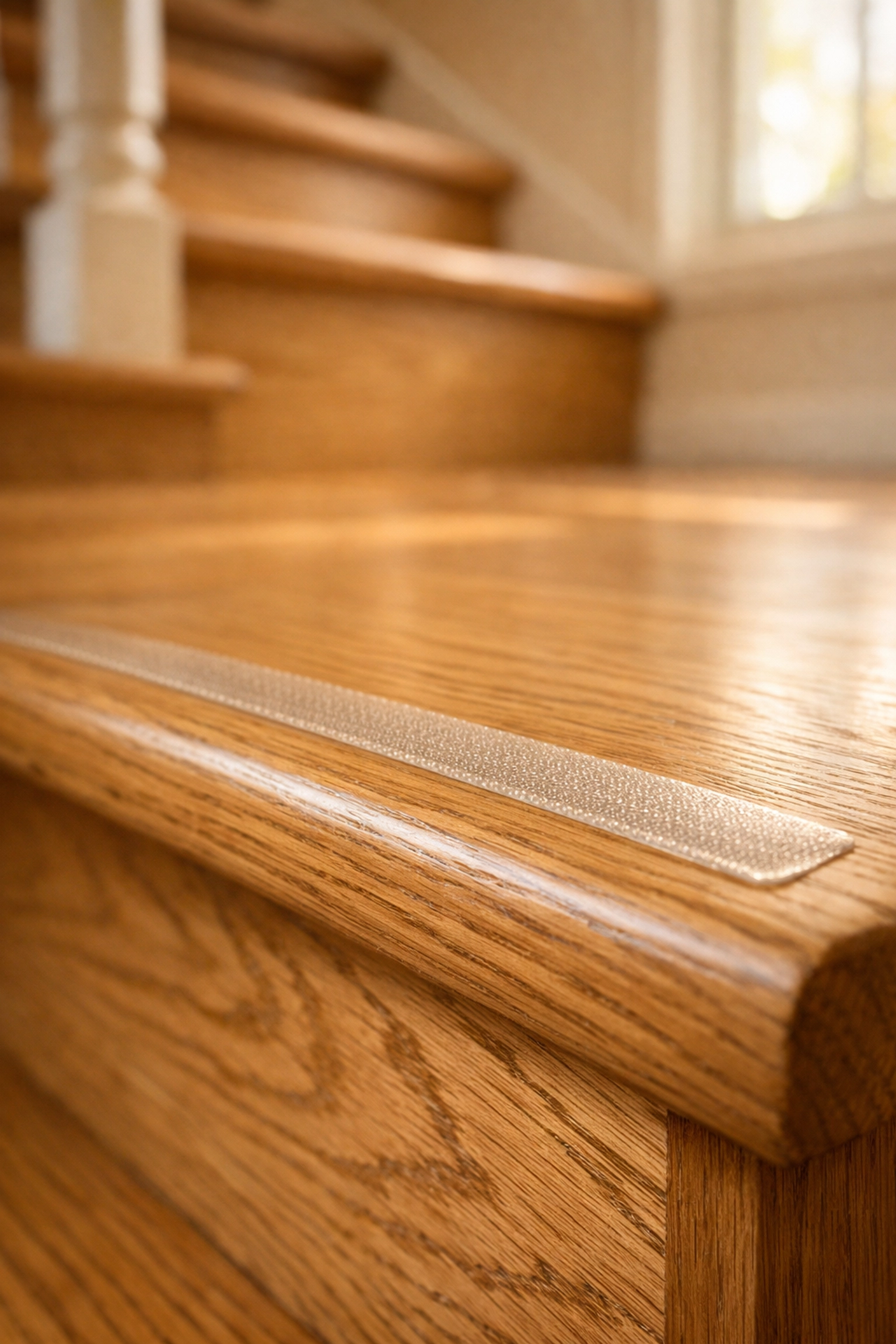 Close-up of a wooden staircase with transparent non-slip treads to prevent falls.