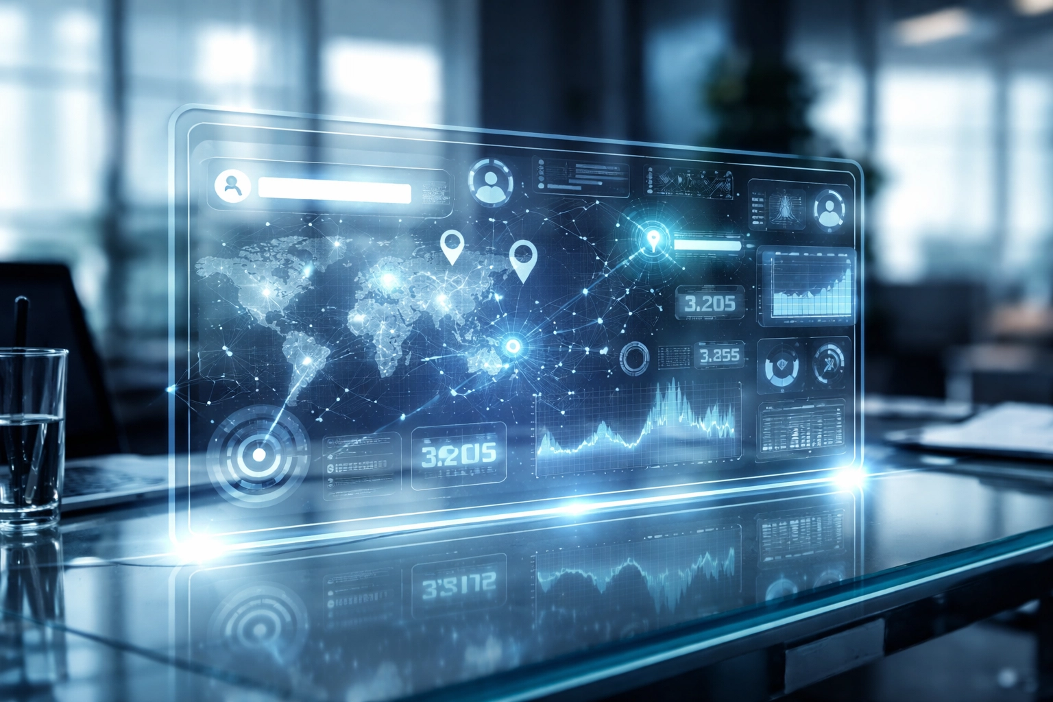 Futuristic digital dashboard with location data and analytics, highlighting advanced local SEO and search technology.