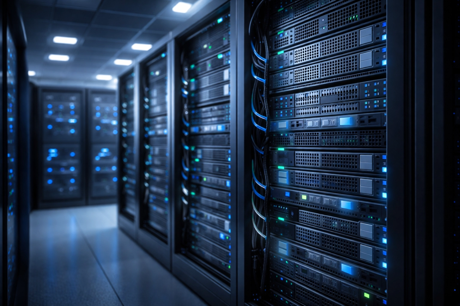 Secure server room with modern data storage units, highlighting HIPAA-compliant record protection for home health agencies.