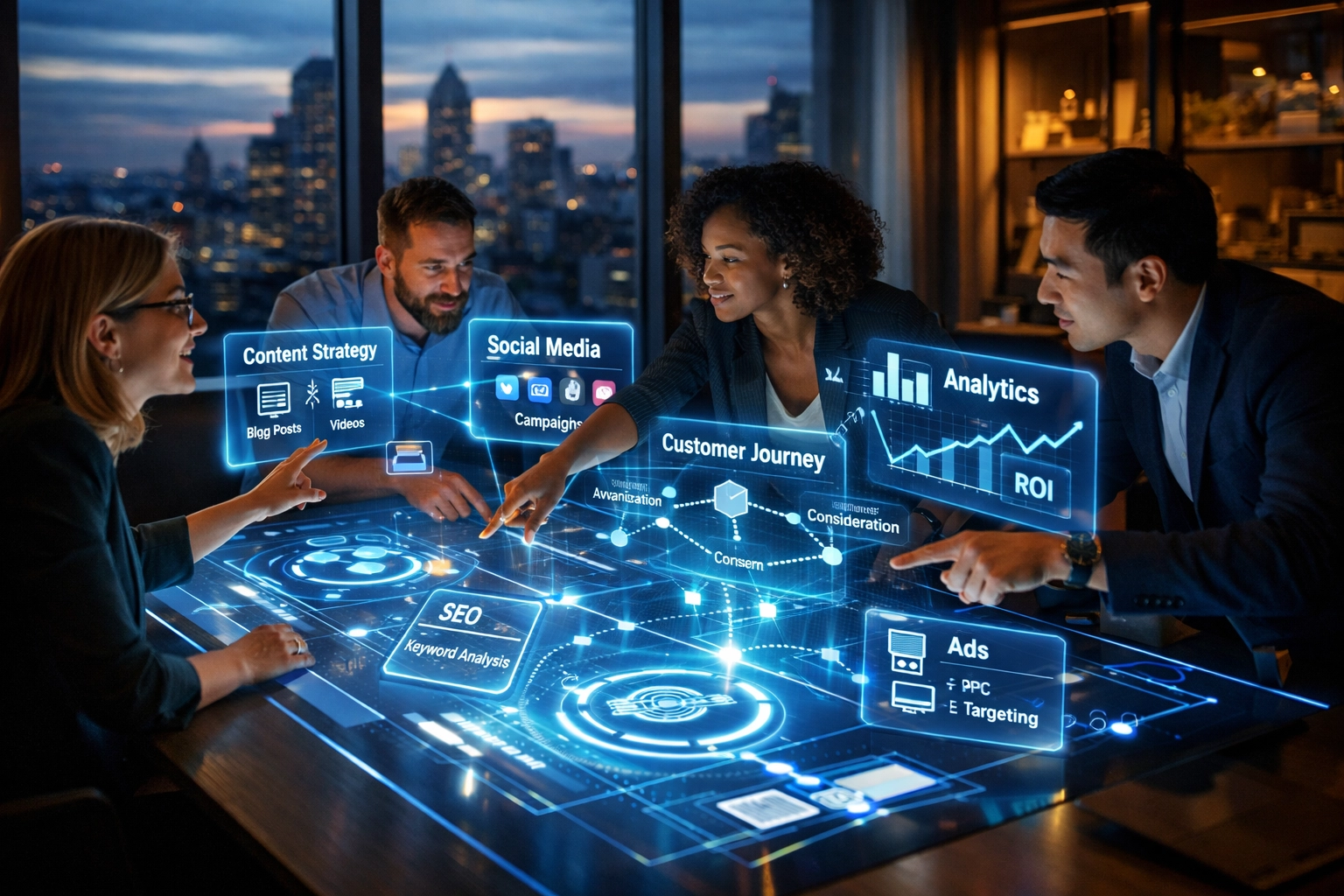 Diverse marketing team collaborating on integrated digital marketing strategy and campaigns