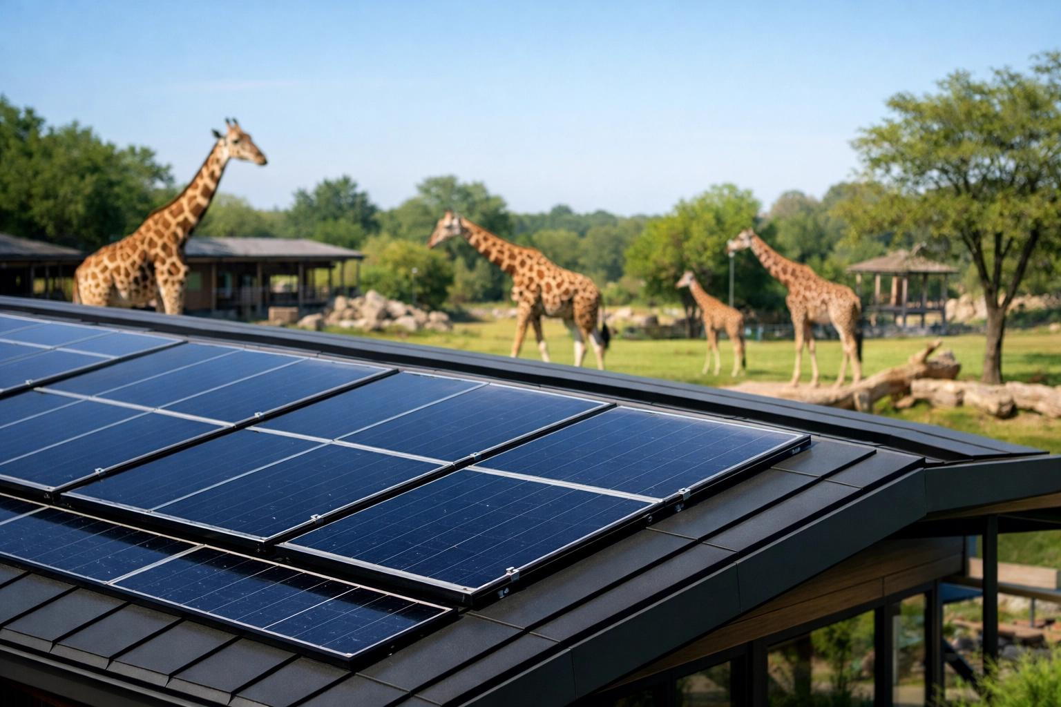 Solar panels on a zoo pavilion with giraffes in the background, illustrating zoo sustainability and ESG efforts.