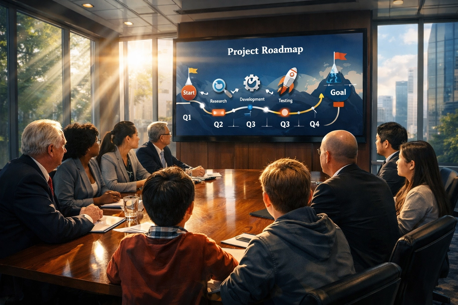 Business leaders and students collaborating on a talent pipeline roadmap in a modern office.