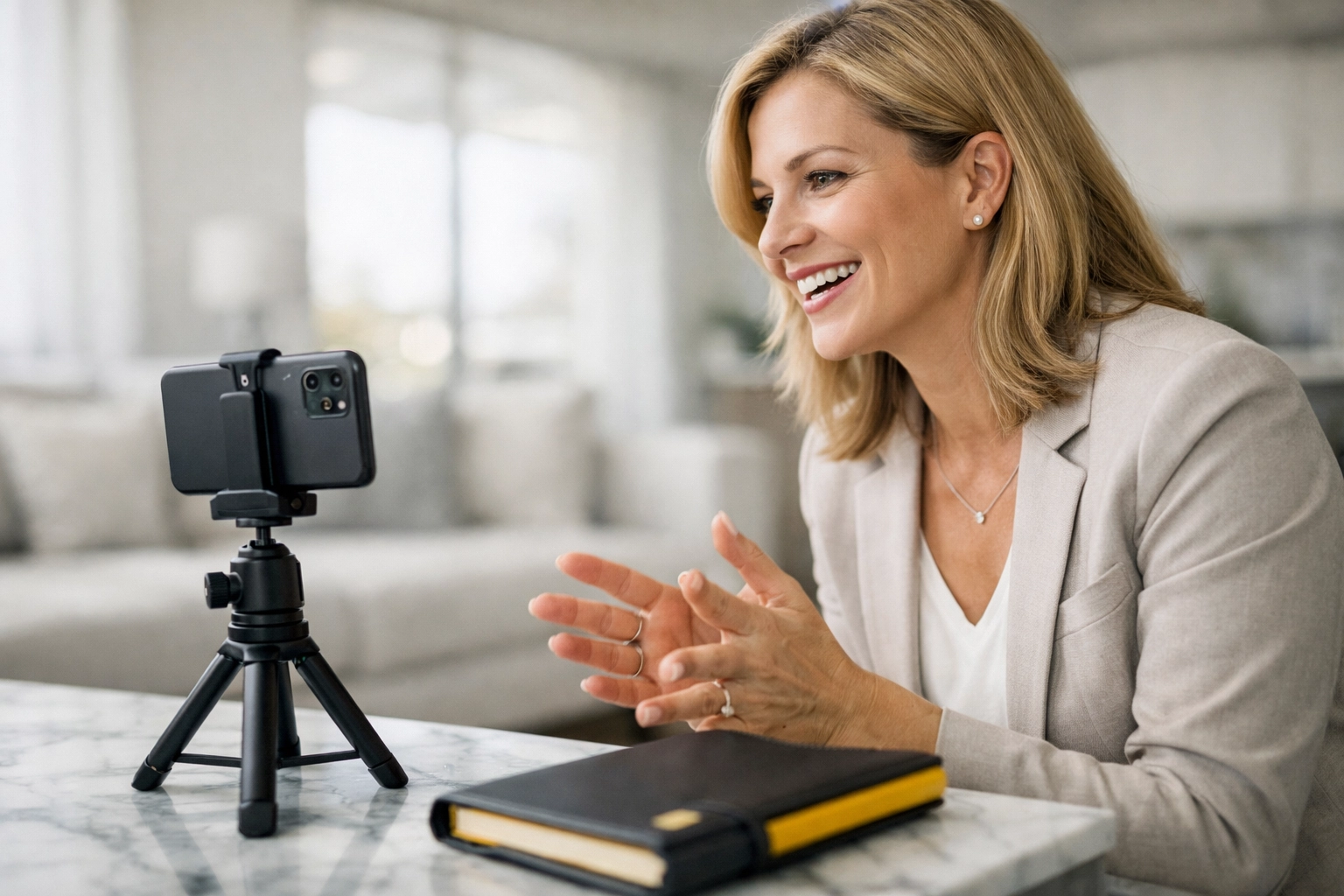 Real estate agent using a smartphone to create video content for a personal branding strategy in 2026.