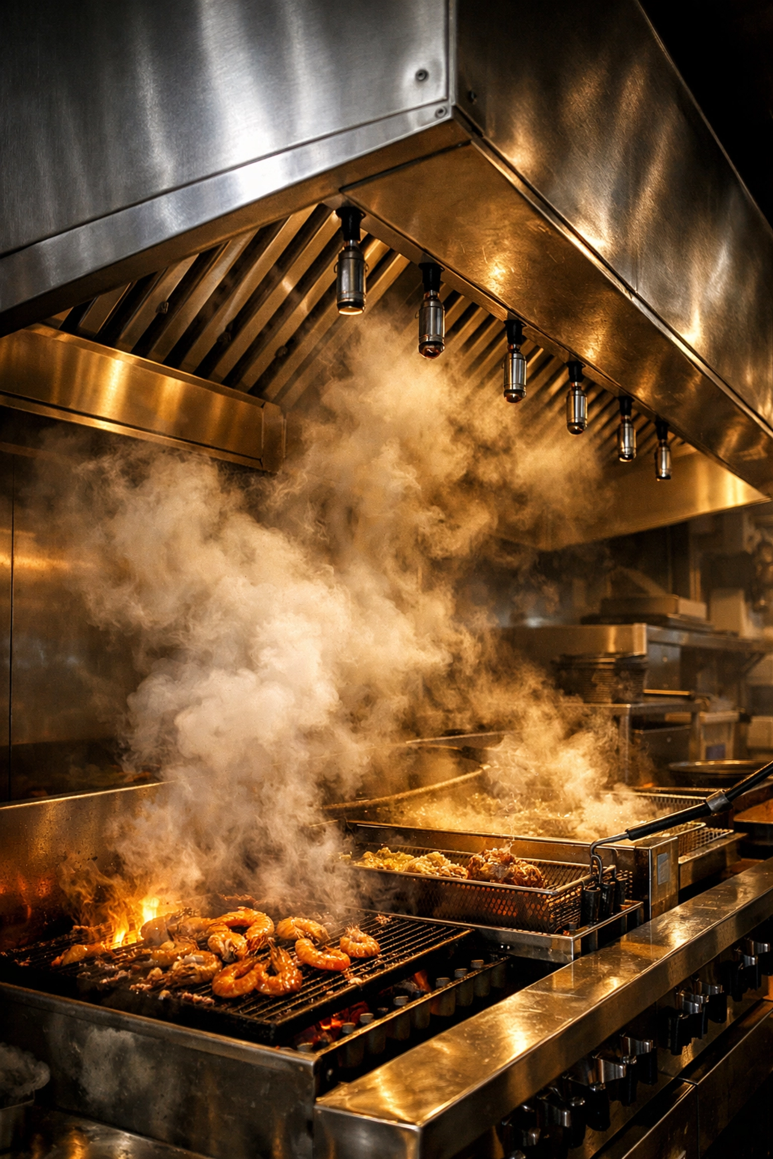 Commercial kitchen exhaust hood system managing steam from seafood cooking equipment