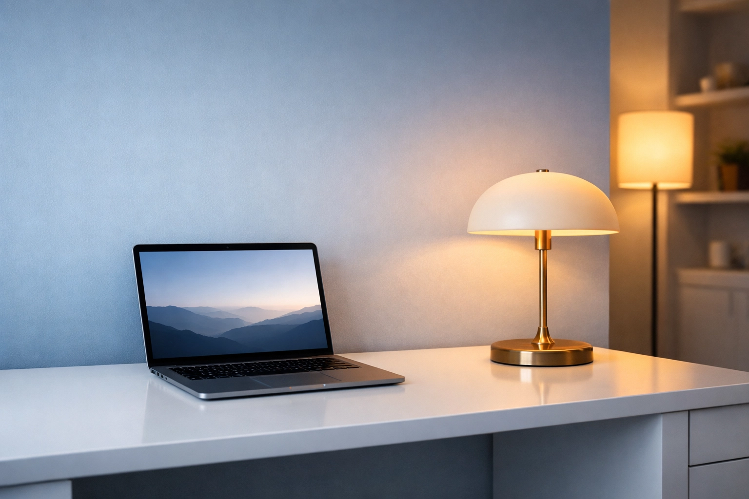 Spotless modern home office desk showcasing the results of professional residential cleaning.