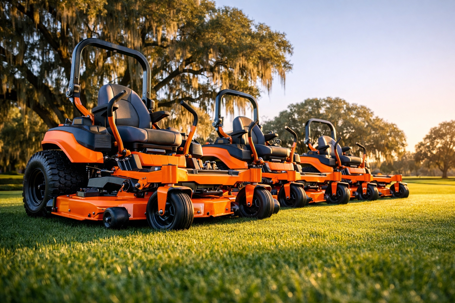 Professional Gravely zero-turn mower fleet on an Ocala lawn, perfect for commercial landscaping and fleet savings.