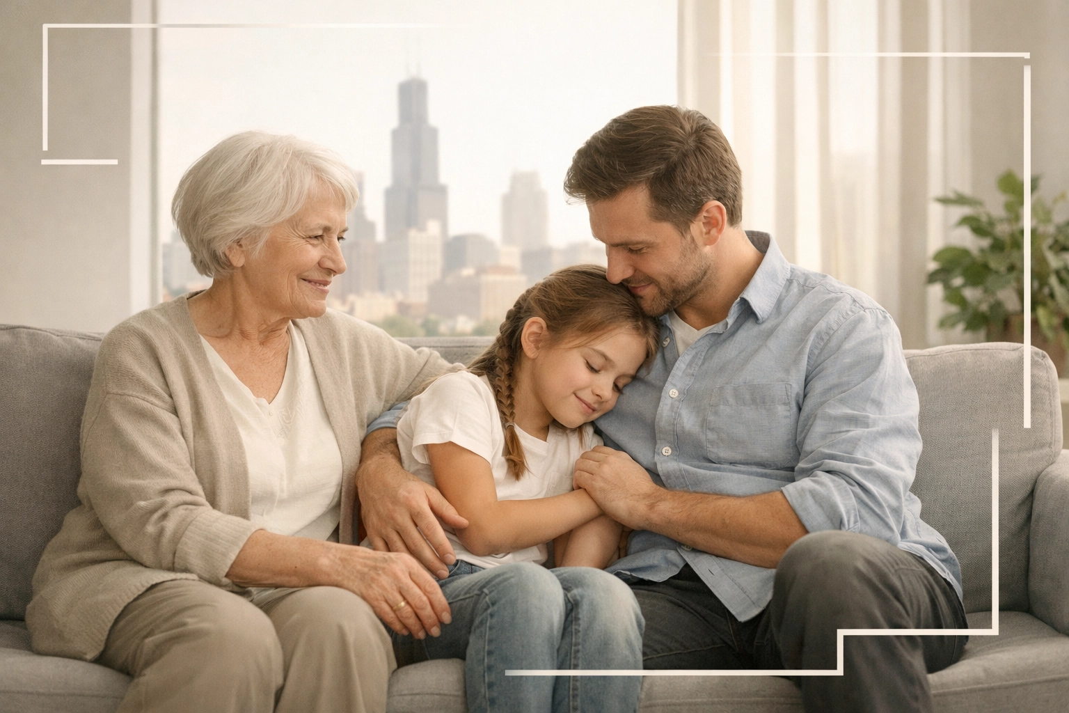 Multigenerational family in a Chicago home using mobile DNA testing for immigration.