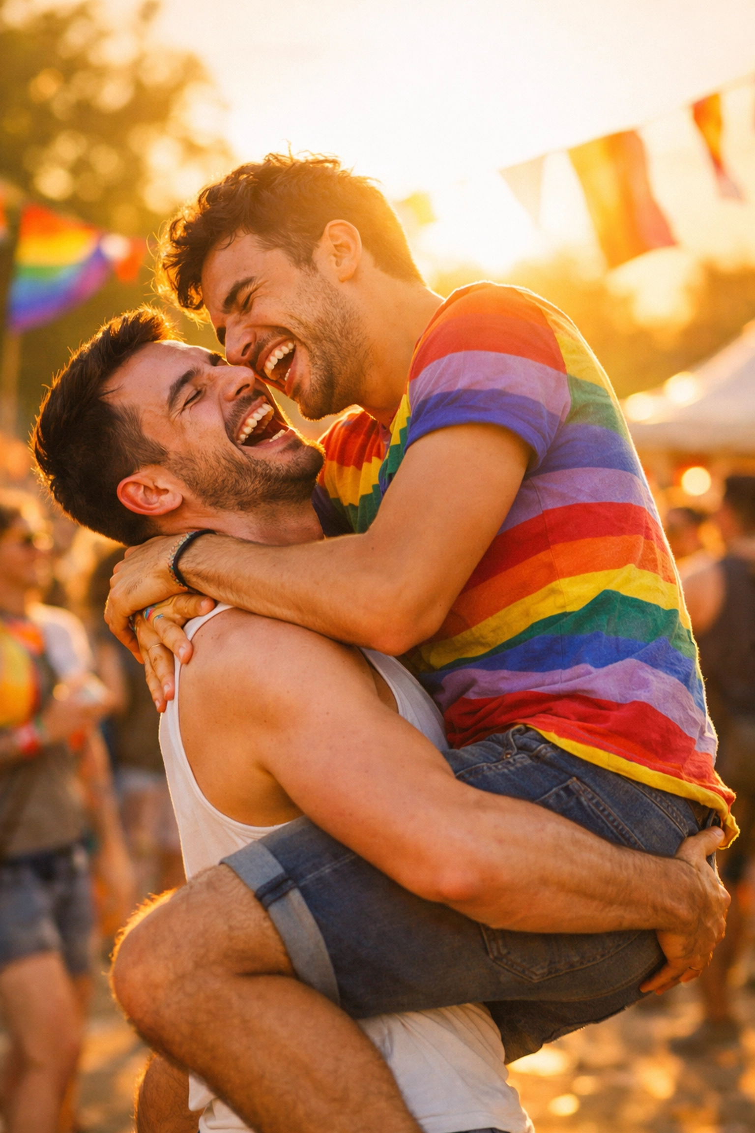 Two men joyfully hugging at a pride event, celebrating the happy ending of an authentic gay love story.