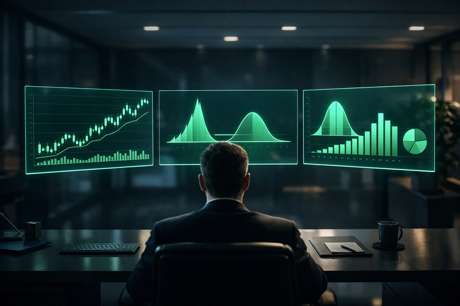Professional betting workstation with digital charts displaying football data analytics and value bets.