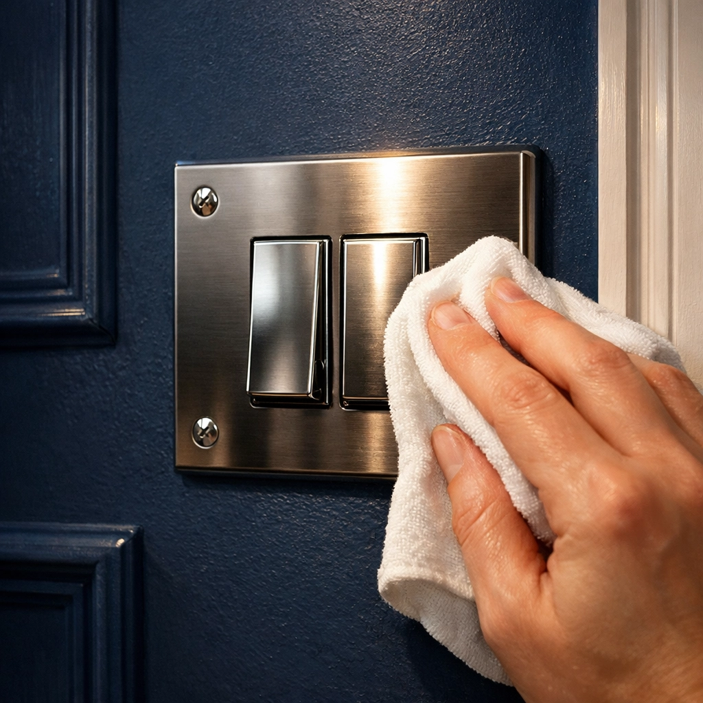 A clean white cloth wiping a light switch during a move-out cleaning in Cambridge for high-end residential care.
