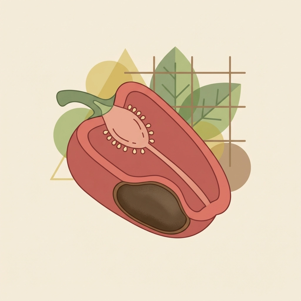 Cross-section of a red bell pepper with a dark sunken spot showing blossom end rot due to calcium deficiency