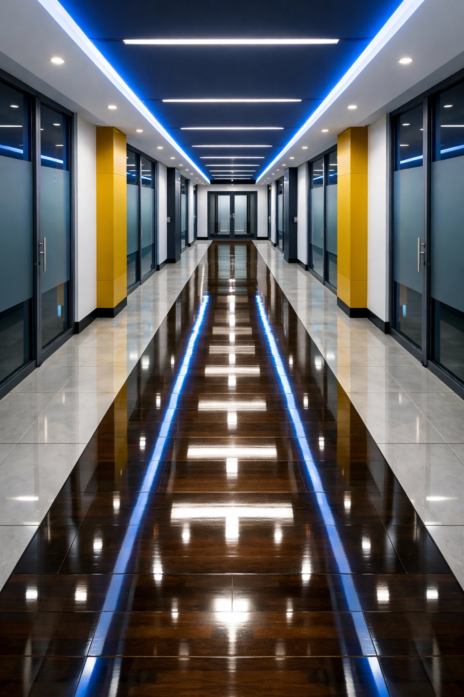 Polished office corridor floors showing professional janitorial maintenance and reliability in Medfield.
