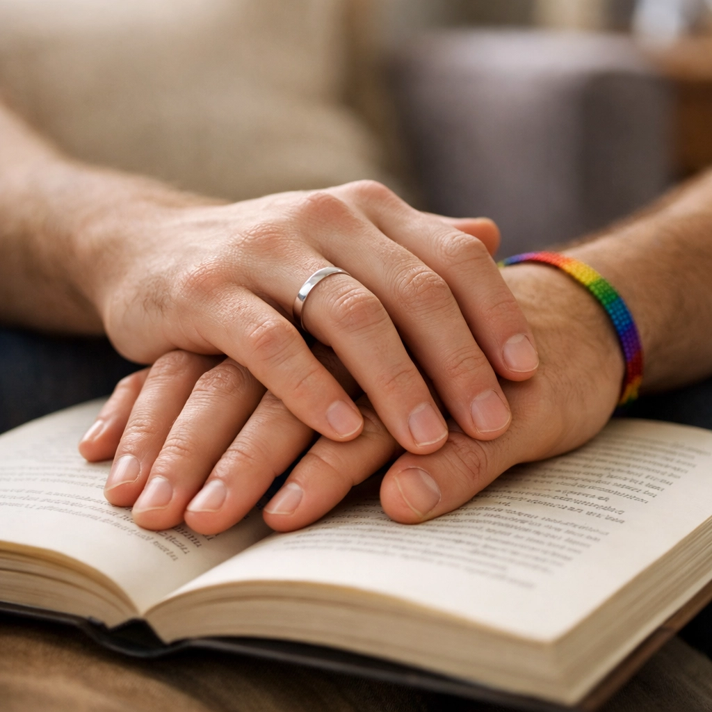 Two men reading MM romance book together showing queer connection