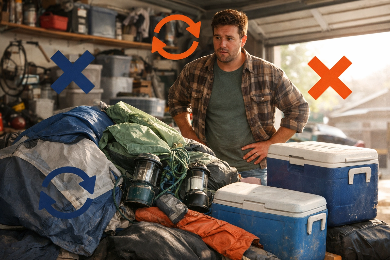 Man looking overwhelmed in a cluttered garage full of dusty camping gear and storage boxes.
