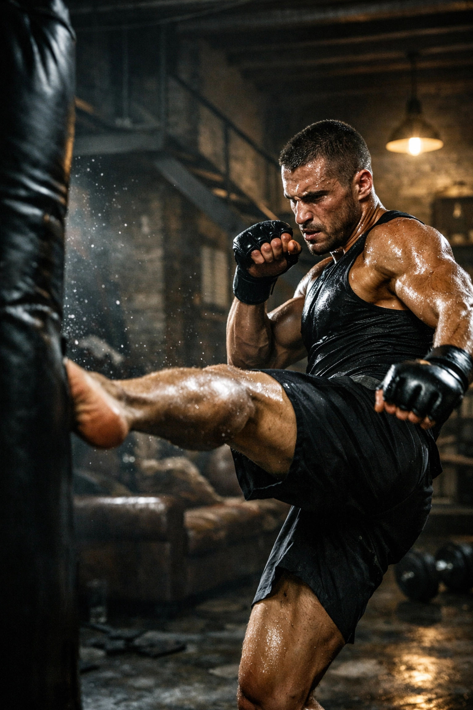 MMA fighter doing explosive full body resistance training at home with professional gym equipment.