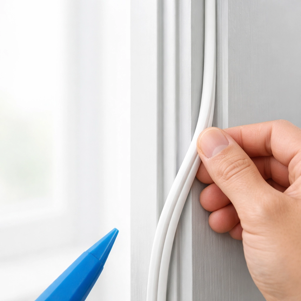 Hand installing weatherstripping on door frame to prevent drafts and save energy