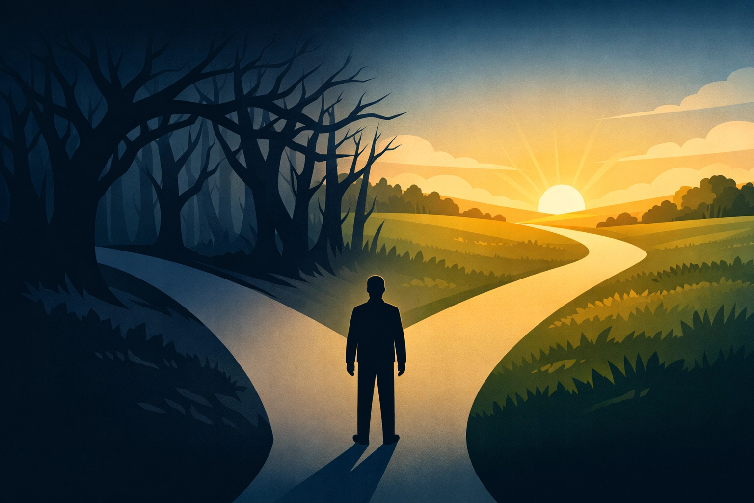 Person at crossroads choosing between unforgiveness and healing path