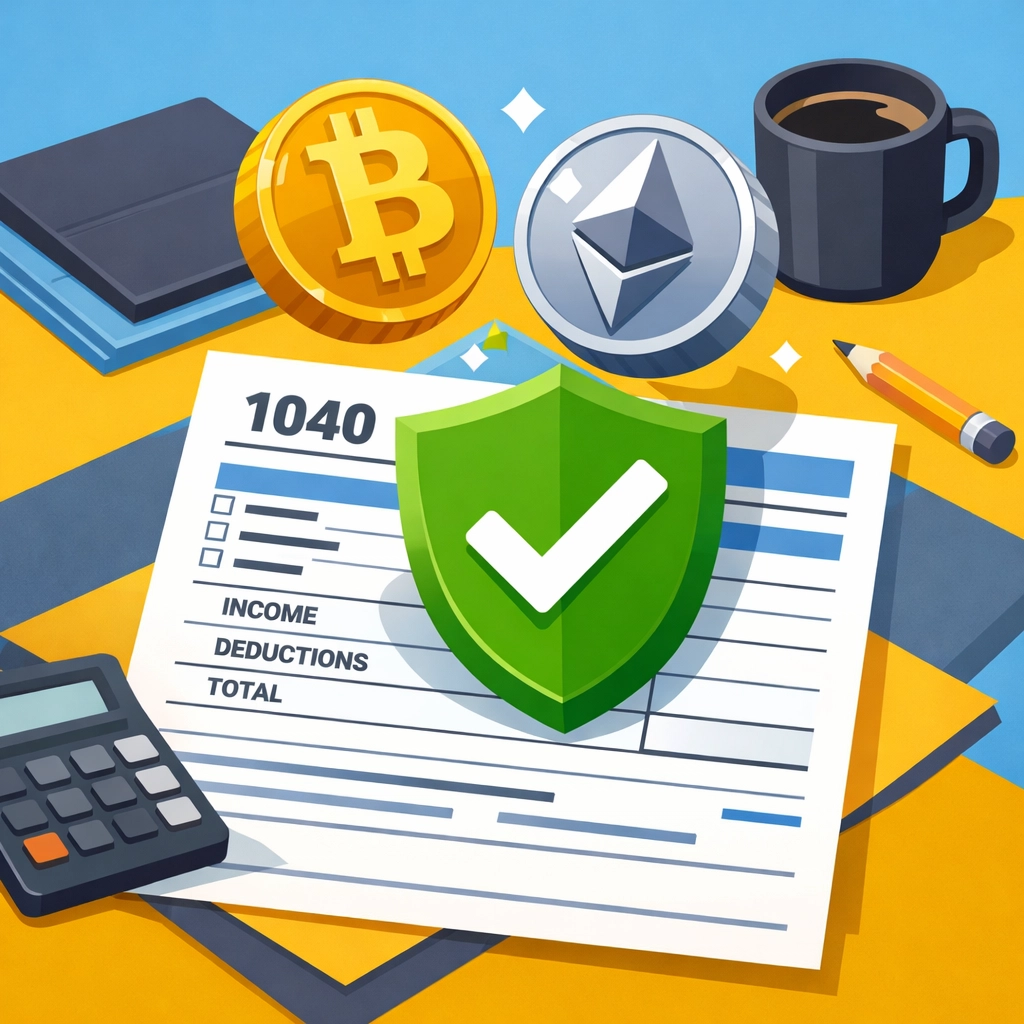Cryptocurrency coins and a green safety shield over a Form 1040 for digital asset tax compliance.
