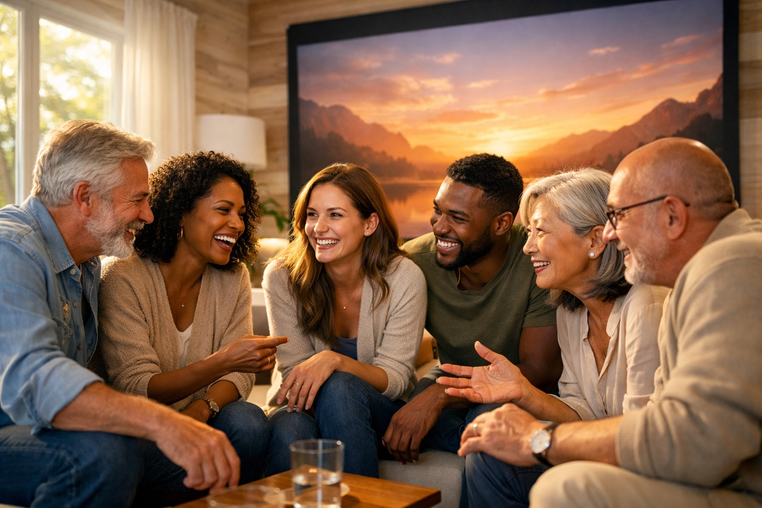 A diverse group of friends discussing faith in a bright living room, showcasing the impact of Christian films.