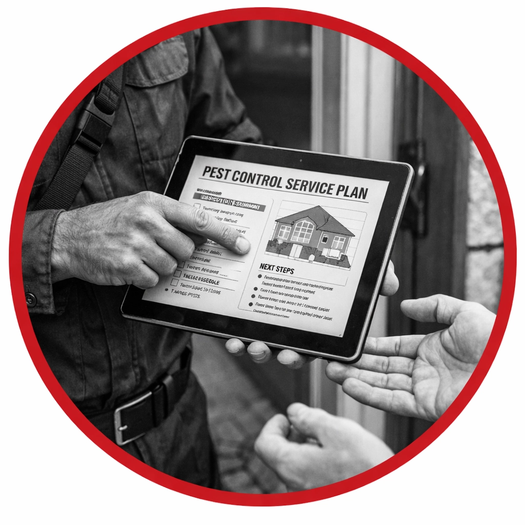 Pest control expert explaining a service plan and guarantee to a Coolidge homeowner.