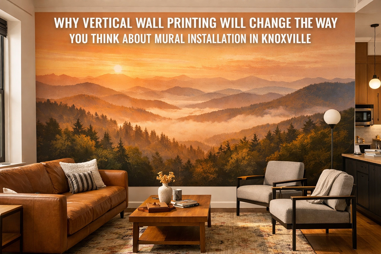 Vertical wall printing of a Smoky Mountains landscape mural in a Knoxville Airbnb loft interior.