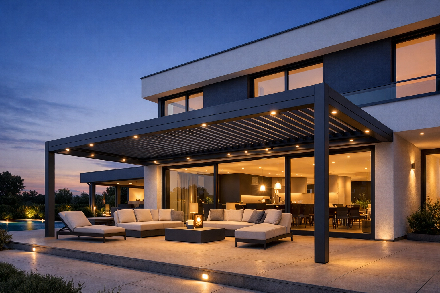 Moderne Villa mit passender Terrassenüberdachung nach Maß und elegantem Lamellendach.