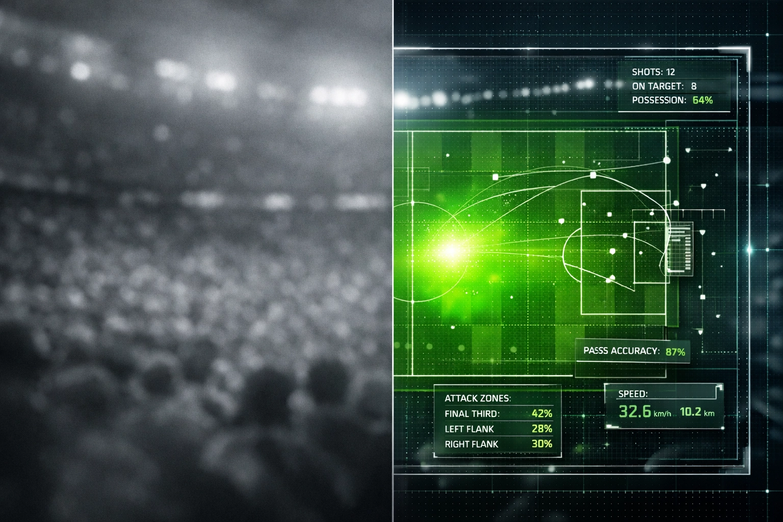Real-time Expected Goals xG heat map overlay on a football pitch identifying in-play betting value gaps.