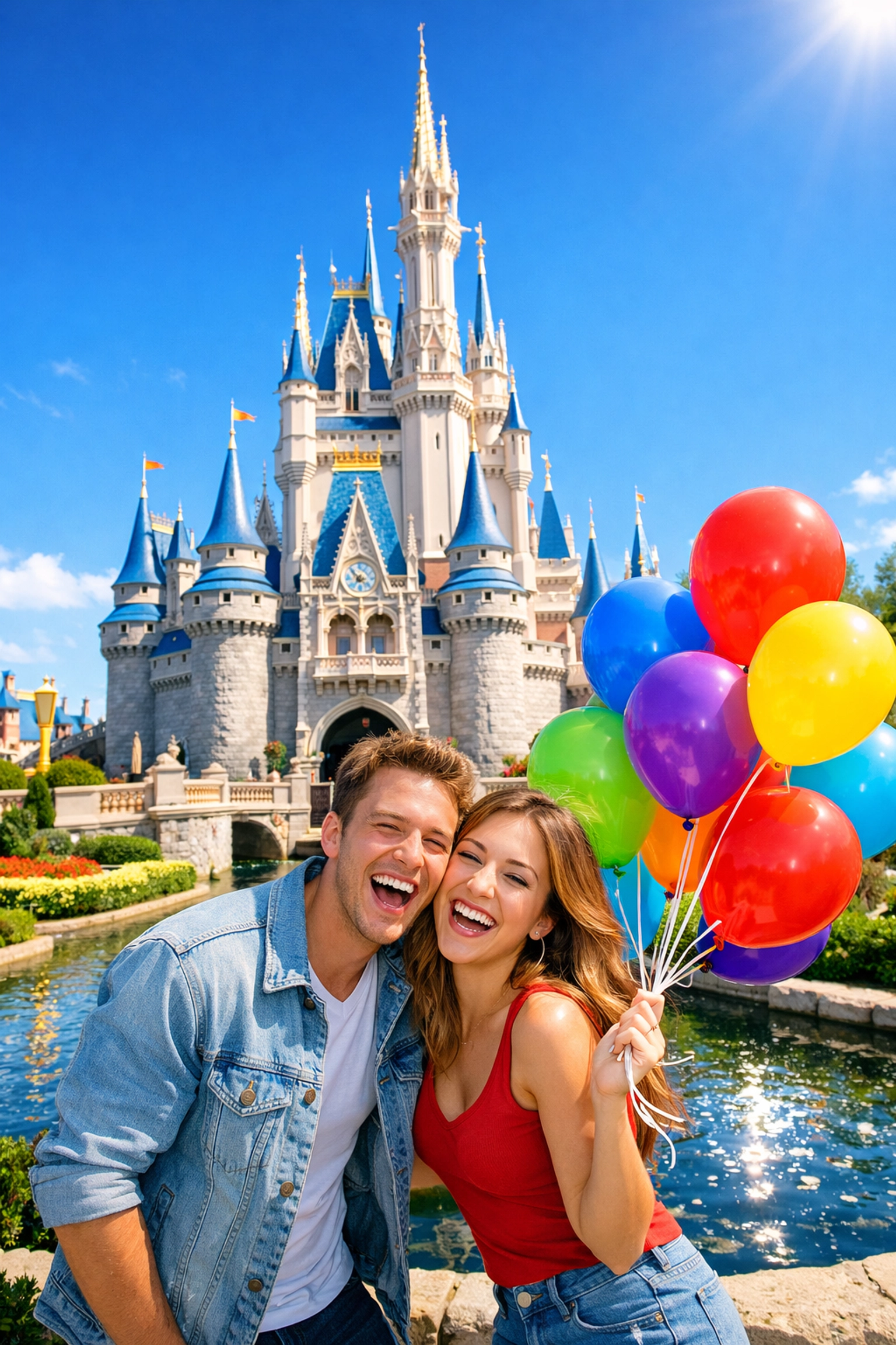A happy couple holding balloons in front of a Disney castle during a stress-free vacation.