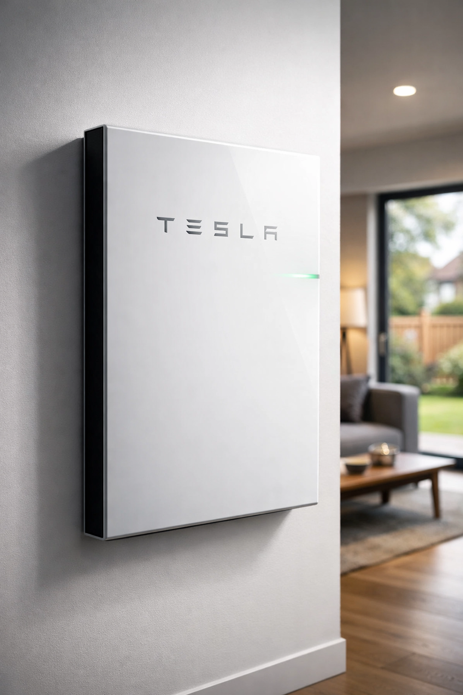 Tesla Powerwall battery storage unit mounted on wall in UK home interior
