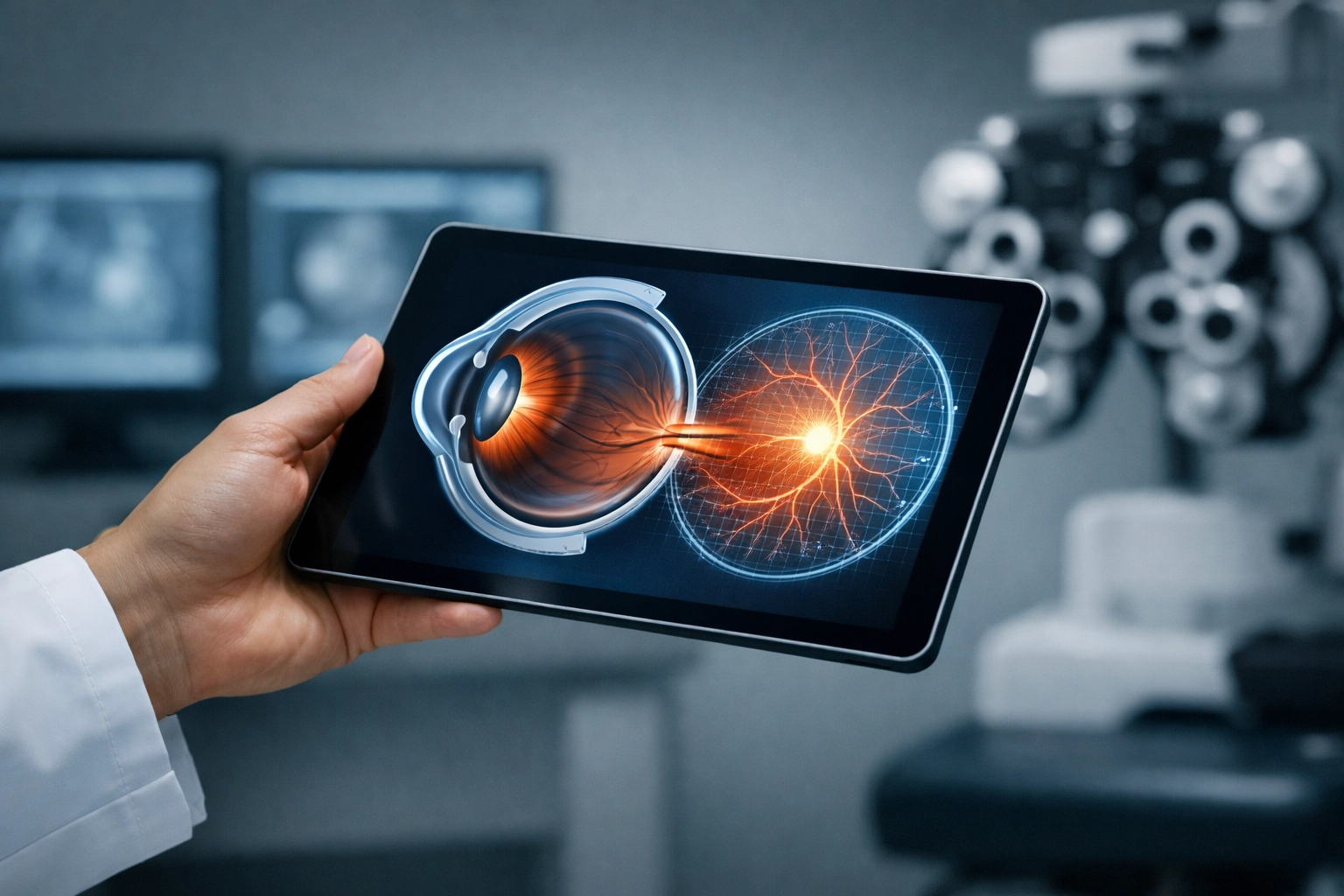 Optometrist using digital eye mapping on a tablet to support optometry revenue cycle management.