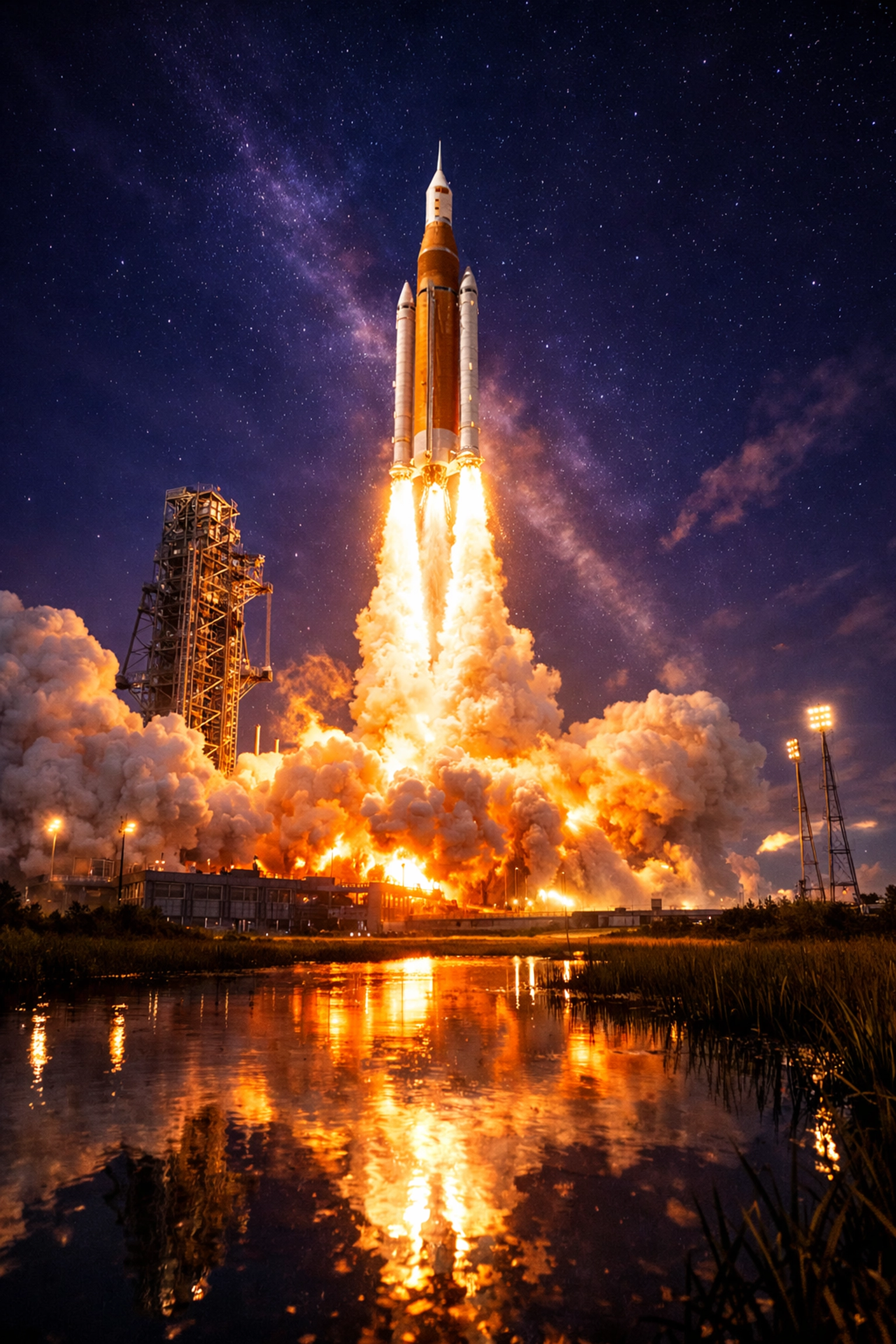 Watch the Artemis II launch live as the SLS rocket ascends into the night sky toward the moon.