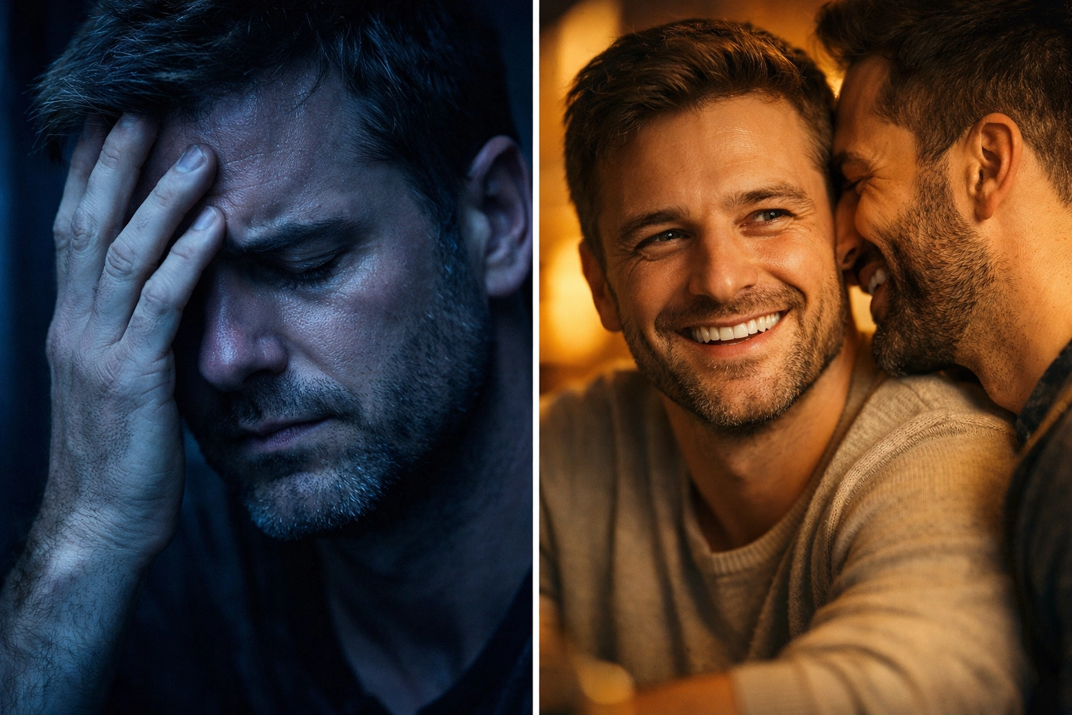Closeted gay man showing dual life stress versus happiness with partner symbolizing psychological toll of secrecy