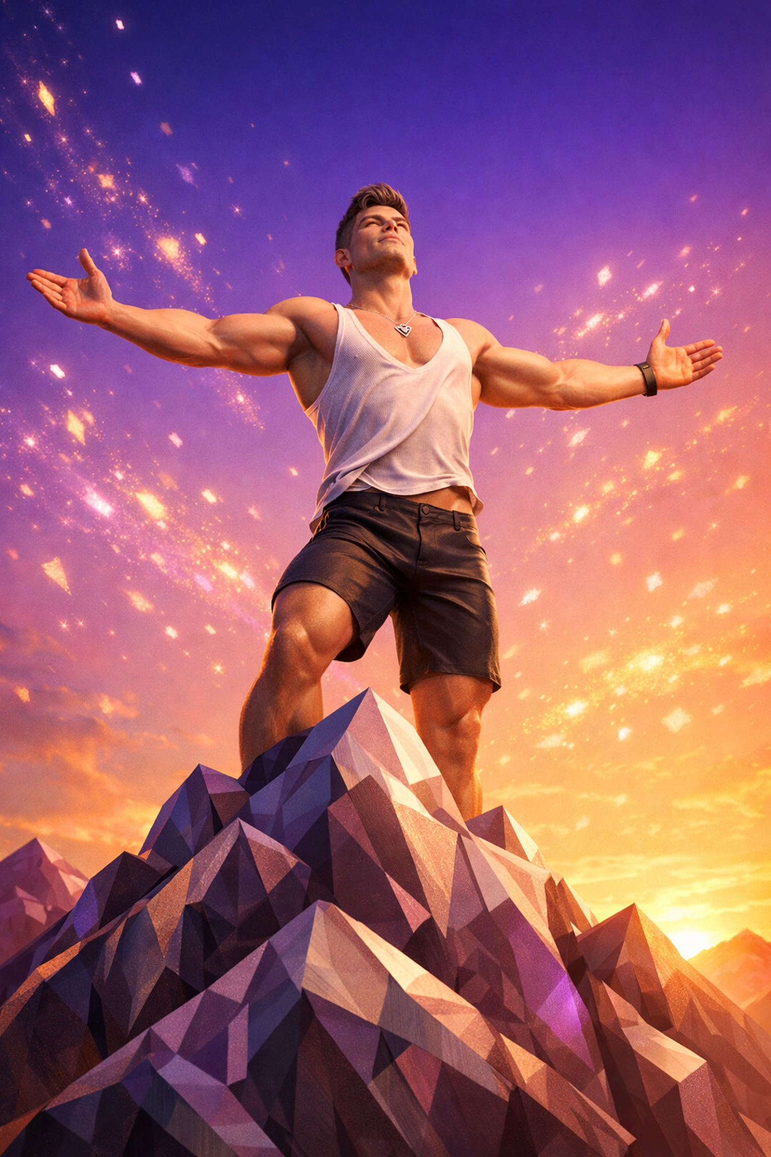 A triumphant man standing on a mountain peak at sunrise, symbolizing LGBTQ+ resilience and thriving.