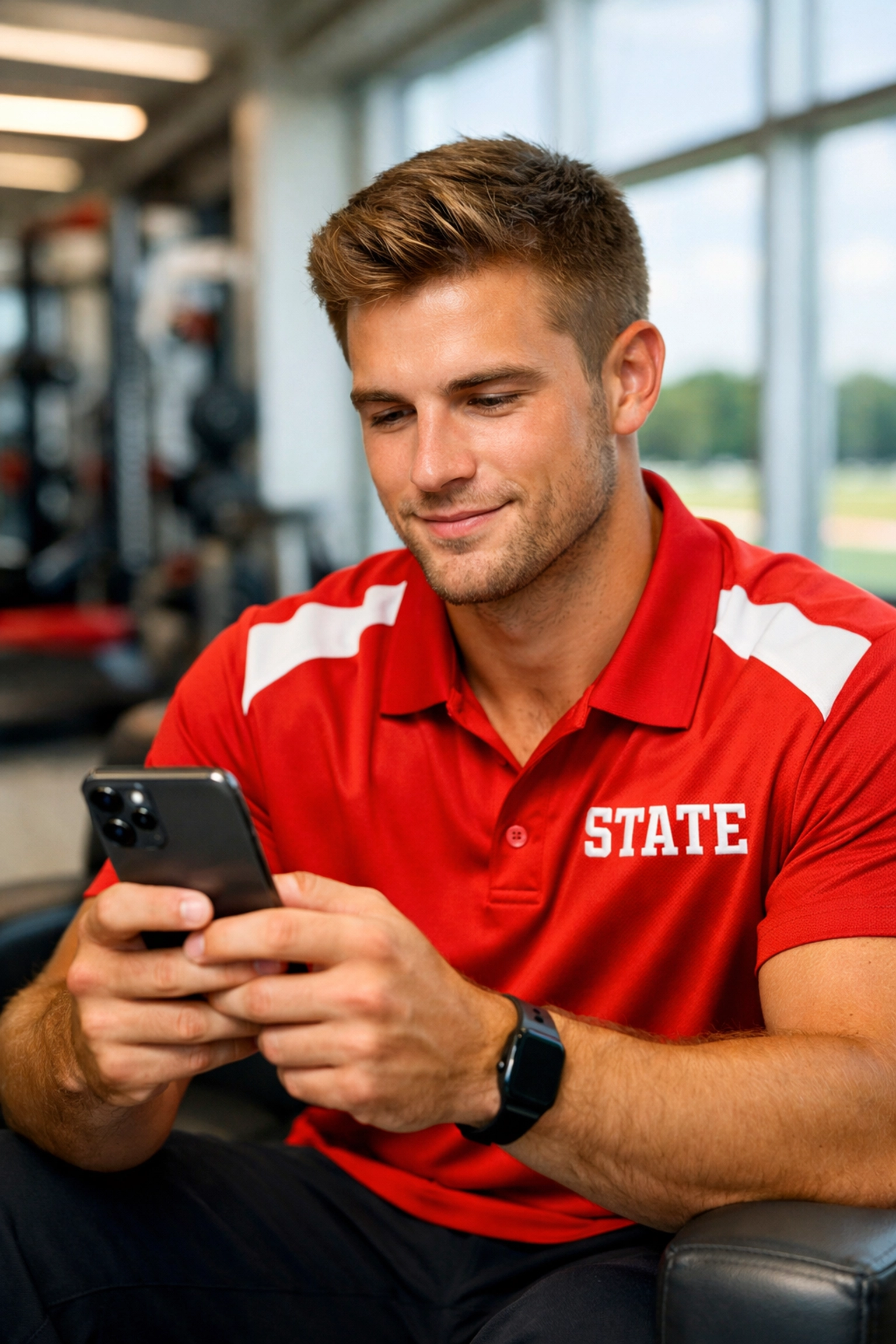 Student athlete brand ambassador using a smartphone to engage with NIL content in a modern athletic lounge.