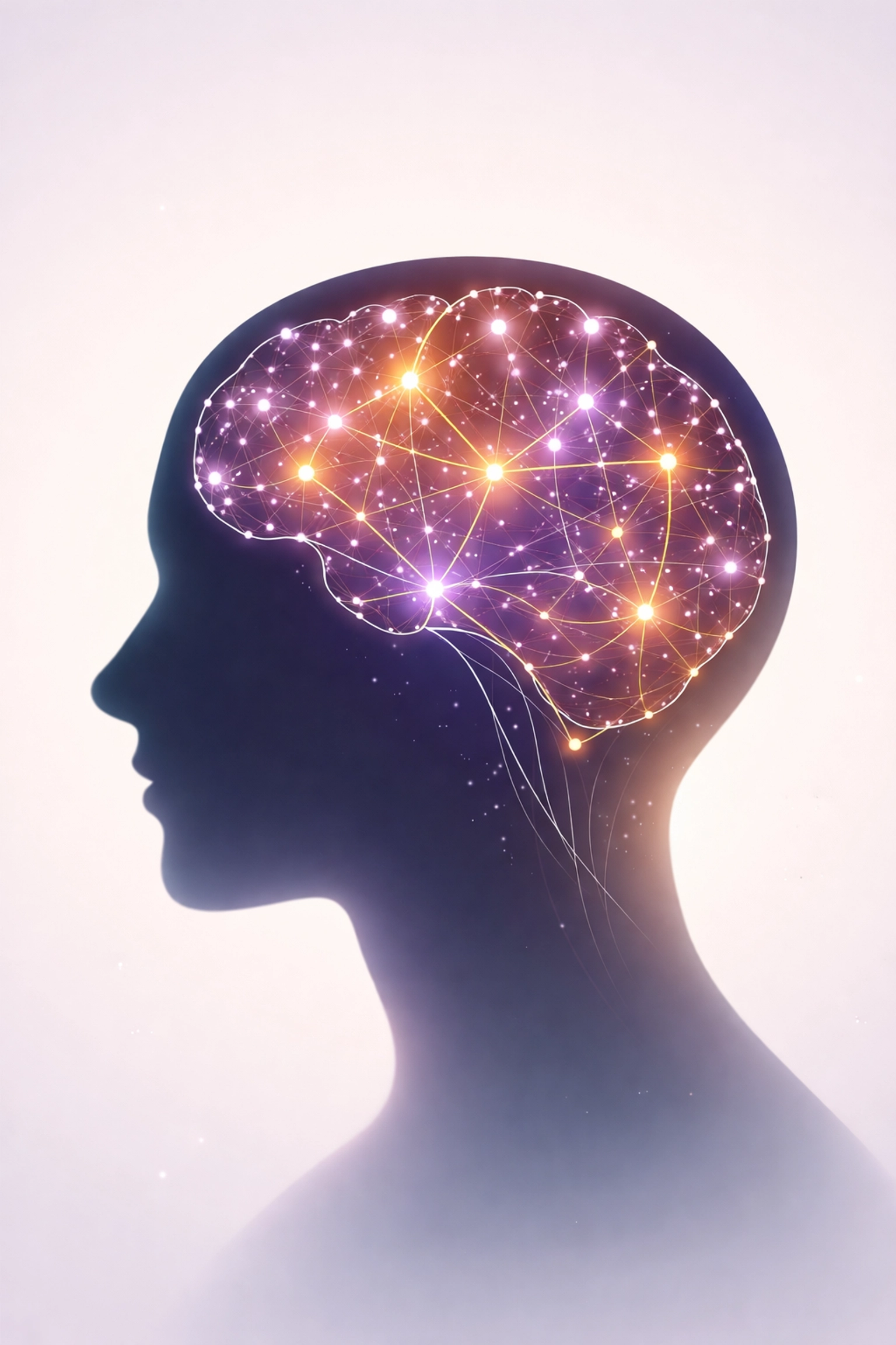 Profile of a human head with a glowing brain network, illustrating ethical wearable algorithms in decision-making and mental health.