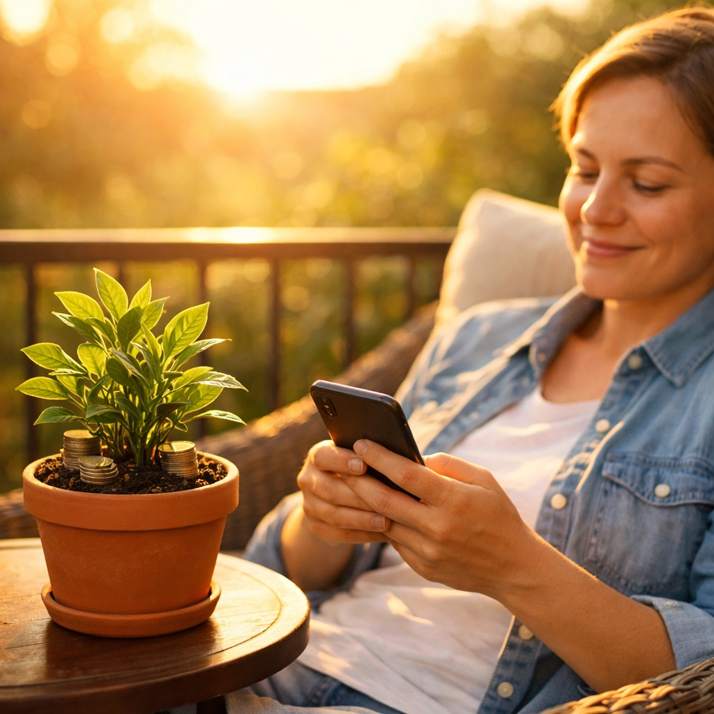 A person smiling at their phone while managing money for a stress-free financial future.