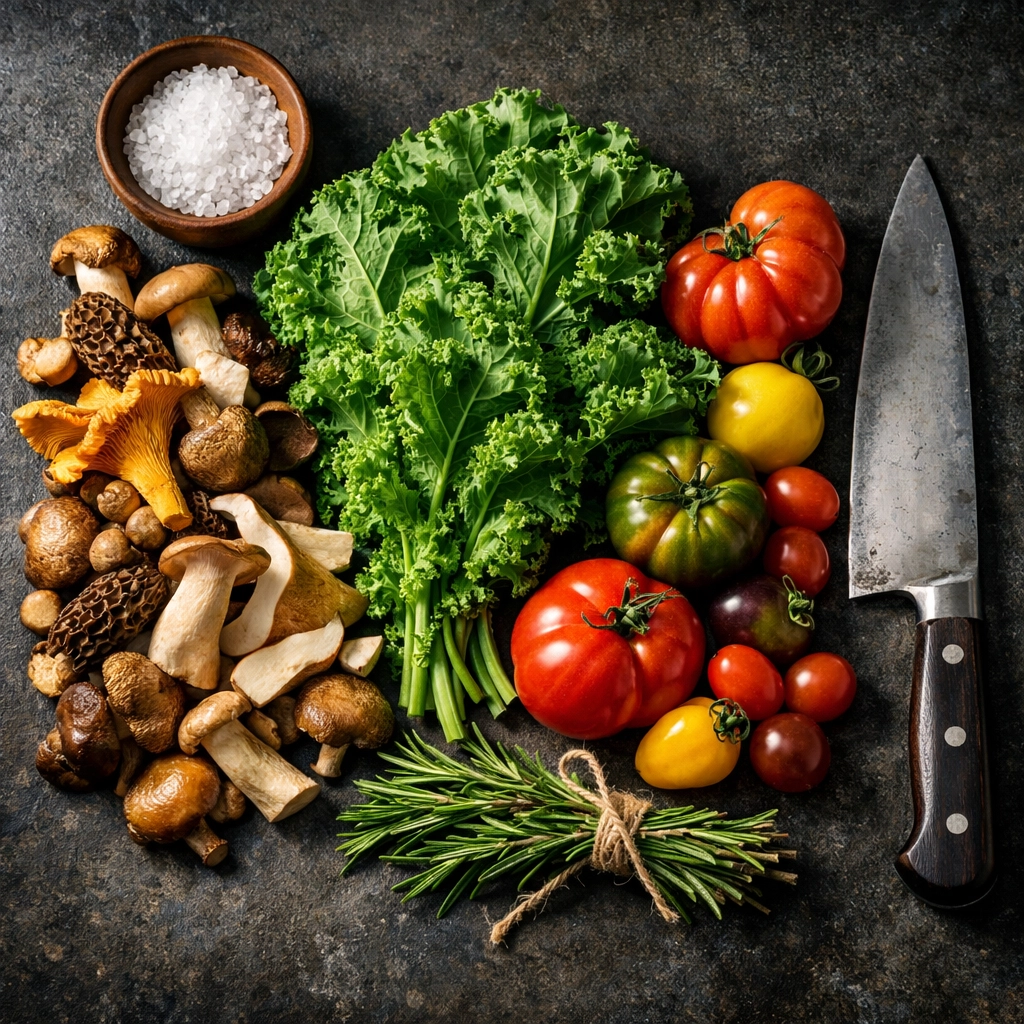 Fresh Pacific Northwest ingredients like kale and mushrooms used for healthy, custom meal planning services.