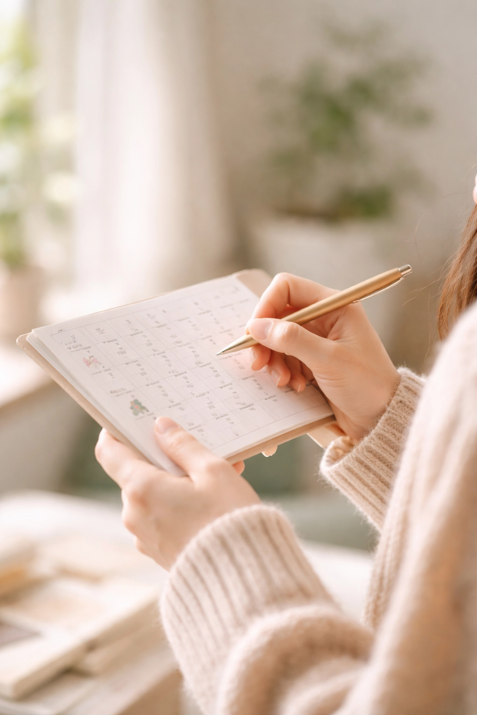 Planning fertility acupuncture sessions for IVF using a calendar in a calm, nurturing setting