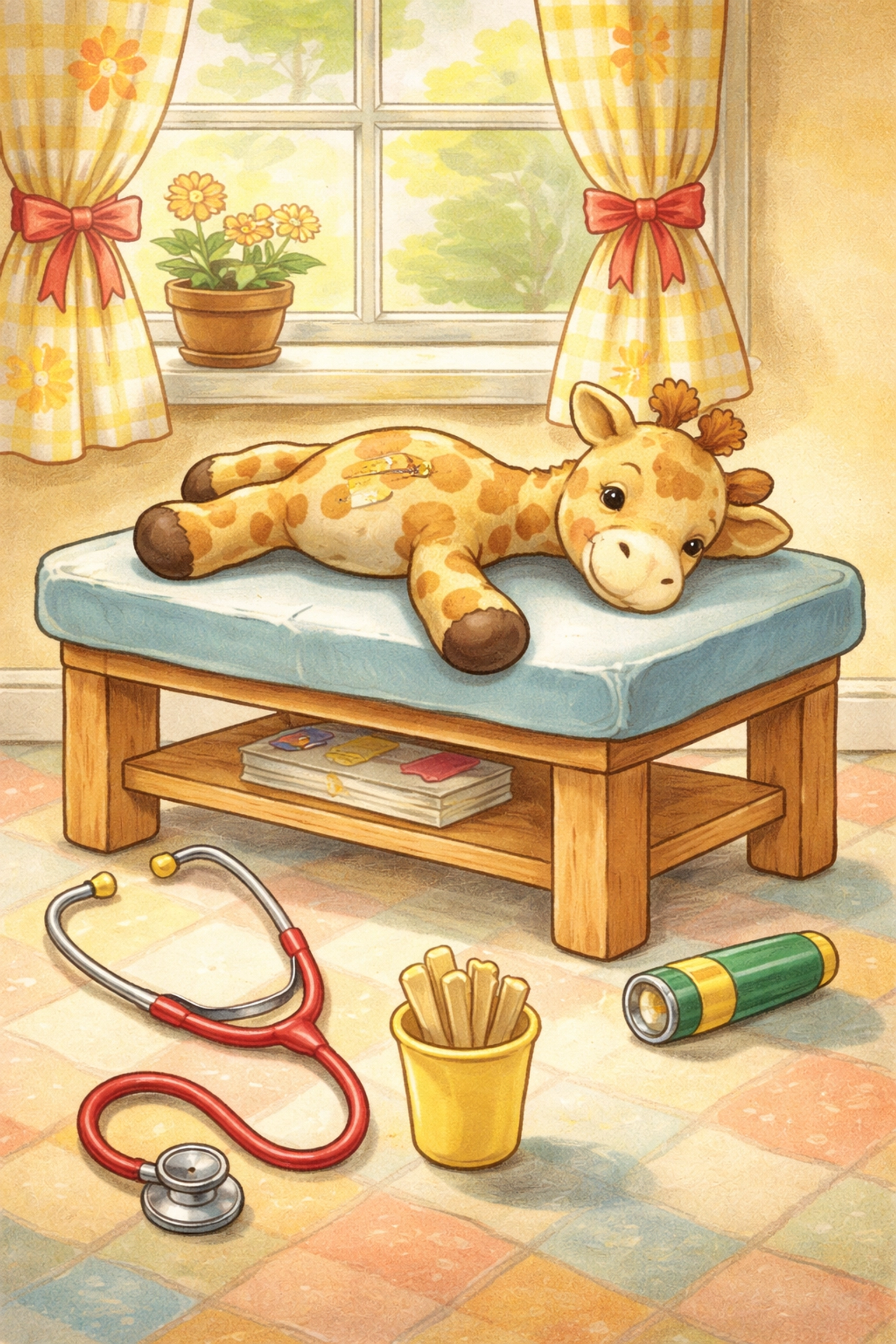 Stuffed giraffe on a play exam table with toy vet tools, illustrating a pretend veterinary checkup